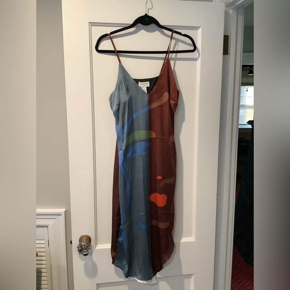 Carmen Marc Valvo CMV 90s strap sleeveless faux silk blue and brown dress